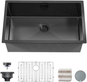 32 x 19 Inch Gloss Black Ceramic Coating with NanoTek Undermount Kitchen Sink;  16 Gauge Stainless Steel Wet Bar or Prep Sinks Single Bowl