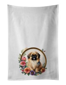 Pekingese and Flowers Kitchen Towel Set of 2 White Dish Towels Decorative Bathroom Hand towel for Hand, Face, Hair, Yoga, Tea, Dishcloth, 19 X 28"