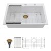 Drop In Quartz Single Bowl White Kitchen Sink Top Mount Granite Composite Sink with Bottom Grid, Drainer, Roll-up Drying Rack(33in.*22in.*9.65in.)