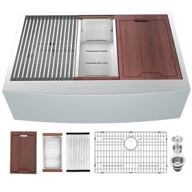 Farmhouse Kitchen Sink Apron Front Ledge Workstation Deep Single Bowl 16 Gauge Stainless Steel Sink with Drainer (size: 30*22*10)